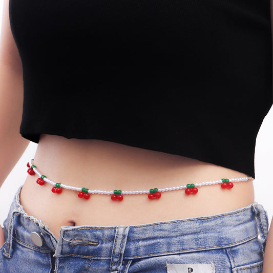 Punk Ethnic Red Cherry Imitation Pearl Beaded Waist Chain for Women