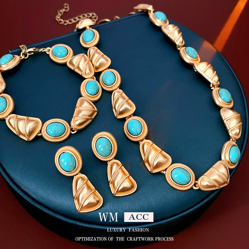 Vintage Style Triangular Alloy Pendant Necklace Set with Earrings and Bracelet Electroplated for Women