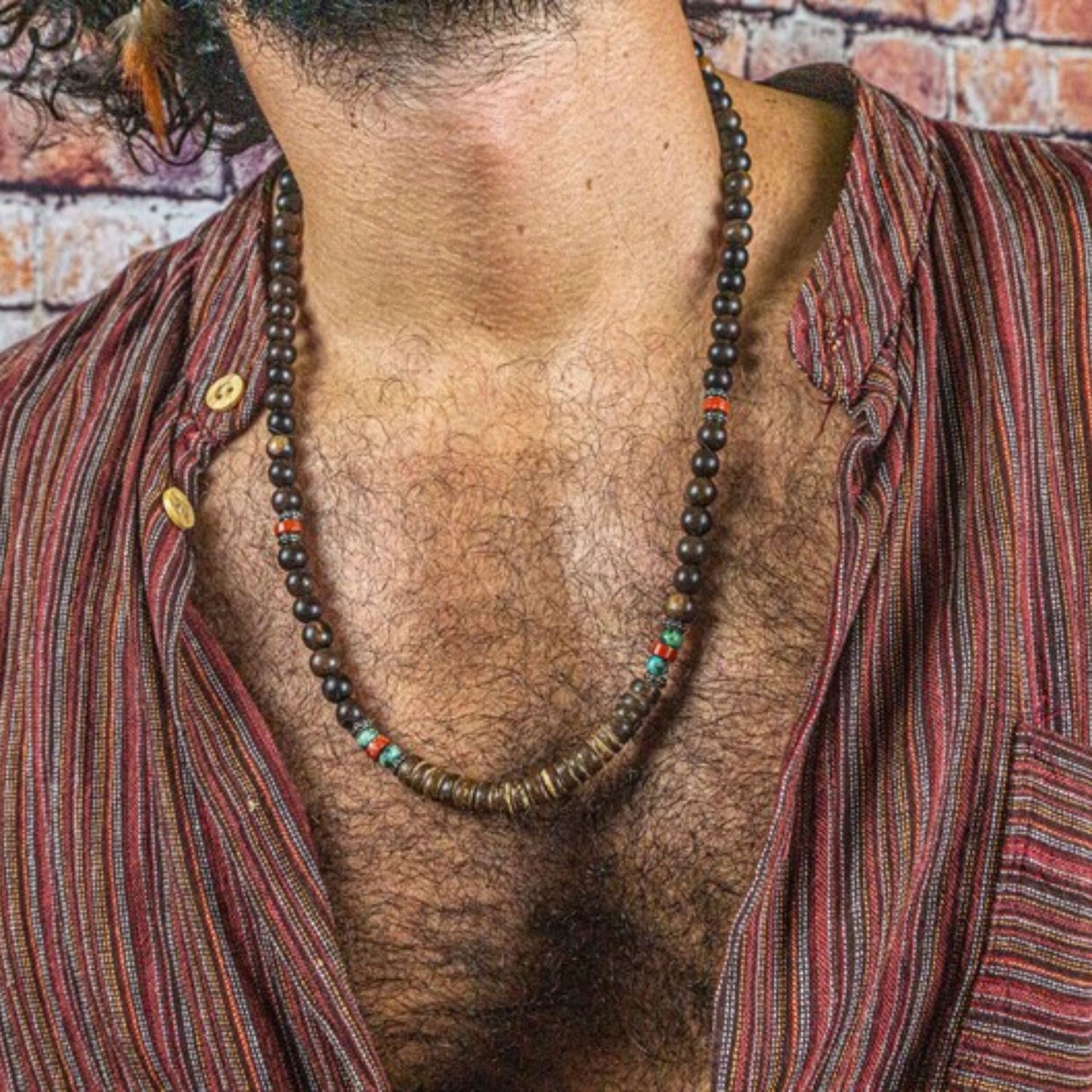 Vintage Hip-hop Geometric Stainless Steel Plated Necklace with Round Brass Wood and Turquoise Beads for Men