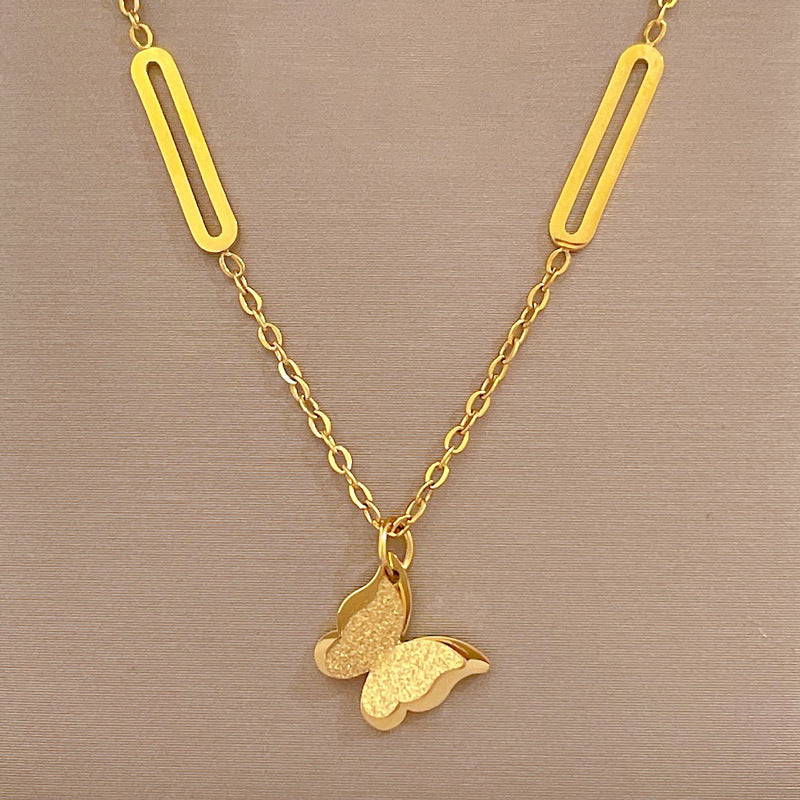 Minimalist Butterfly Pendant Necklace in Titanium Steel with Gold Plating for Women and Men