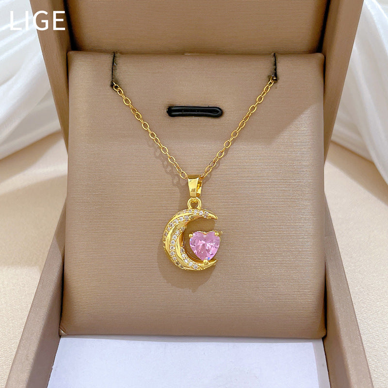 Sweet Minimalist Twisted Moon Heart Geometric Rhinestone Pendant Titanium Steel Necklace for Unisex