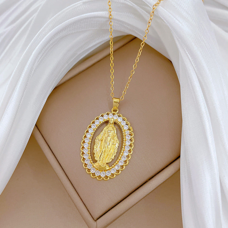 Elegant Hollow Egg-Shaped Portrait Pendant Necklace for Women in Titanium Steel with Full Rhinestone Accents