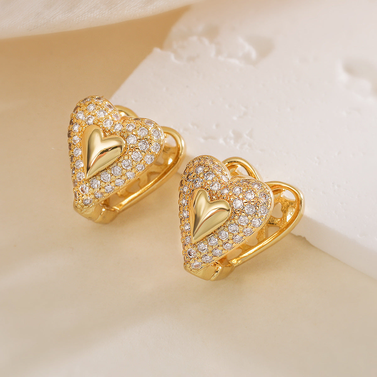 Minimalist Geometric Heart-Shaped Zirconia Ear Clips for Women in Copper with 18K Gold Plating