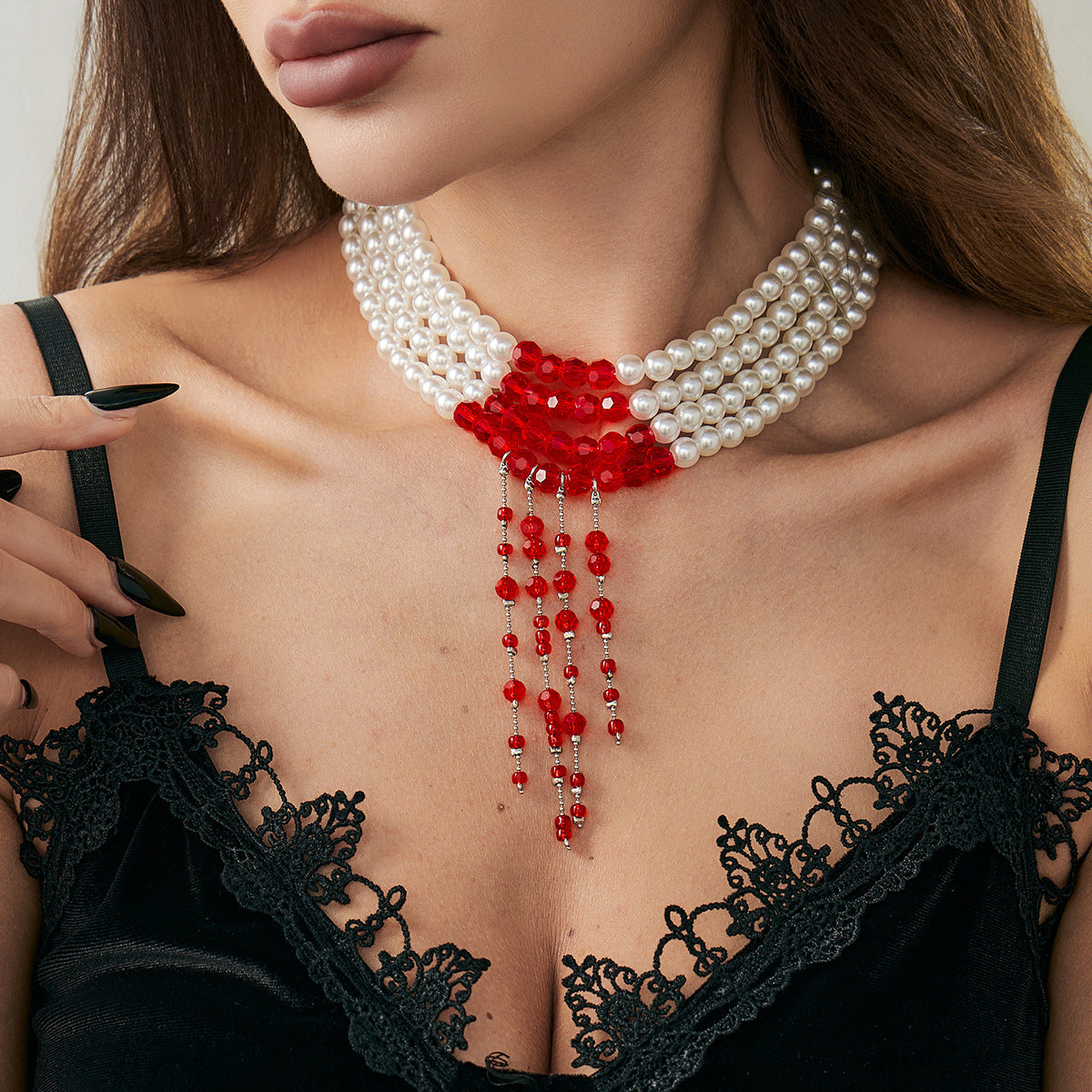Sweet Gothic Geometric Crystal Faux Pearl Teardrop Tassel Necklace for Women