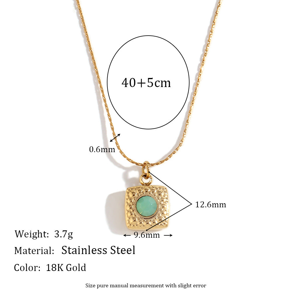 Minimalist Square Scale-Texture Green Stone Pendant Necklace for Women in Stainless Steel with 18K Gold Plating