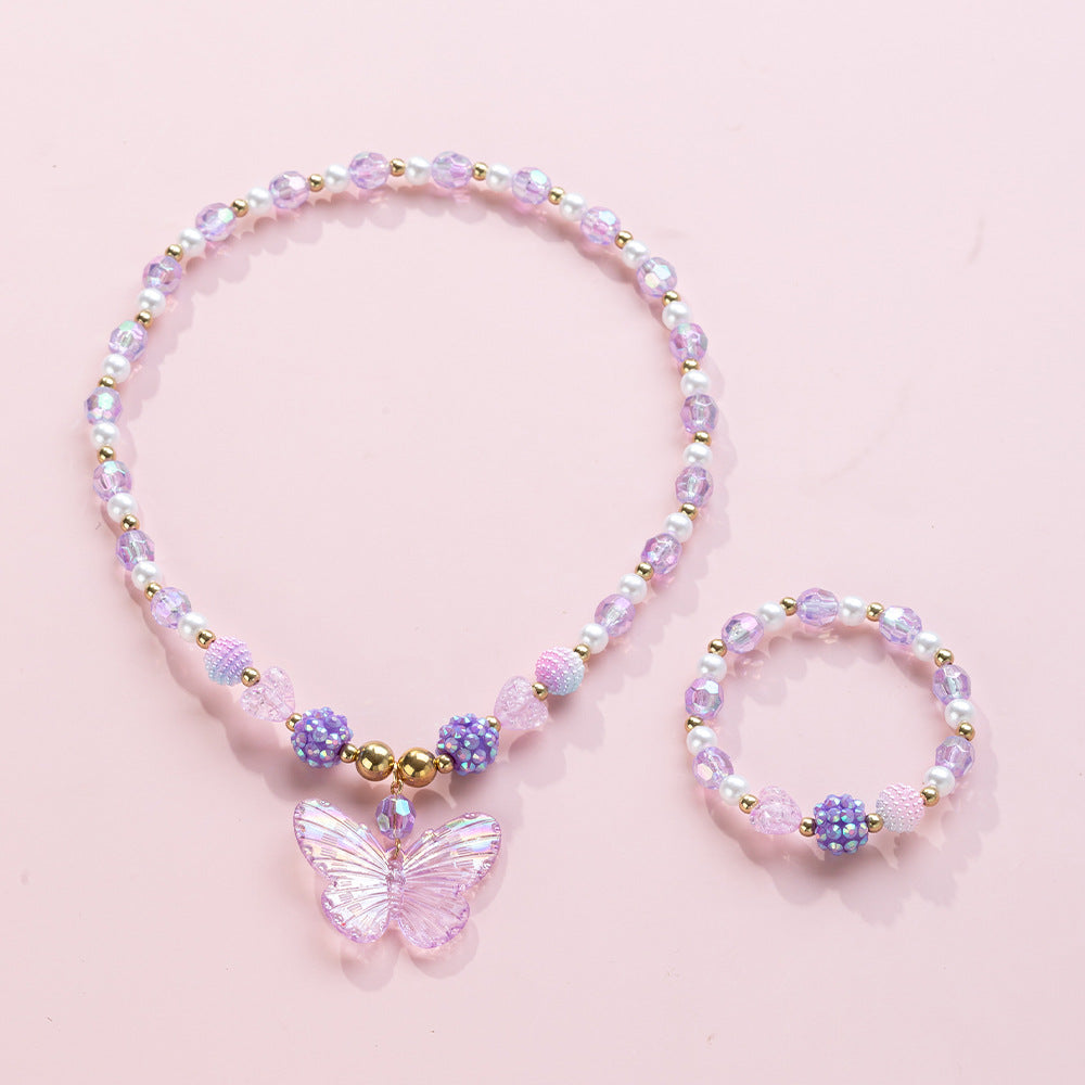 Set di Collana per Bambini a Forma di Farfalla in Stile Cartone Animato con Pendente in Acrilico su Catena di Perline, per Bambini dai 3 ai 10 Anni, Realizzato in Resina e Plastica
