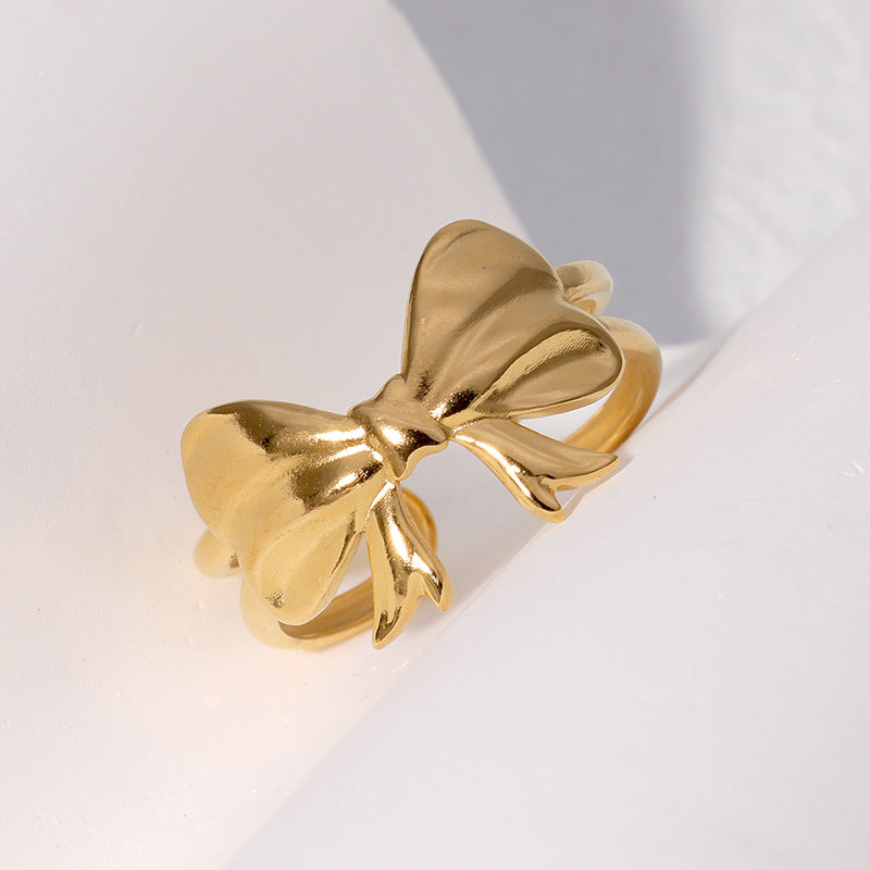 Minimalist Fashion Bow-Shaped Stainless Steel Ring for Women with Gold Plating, Adjustable Open Band Design