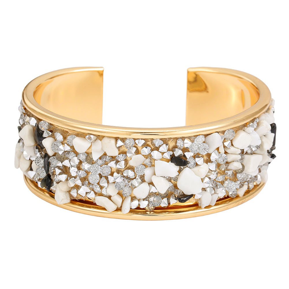 Exaggerated Geometric Round Rhinestone Inlay Plated Alloy Open Cuff Bracelet