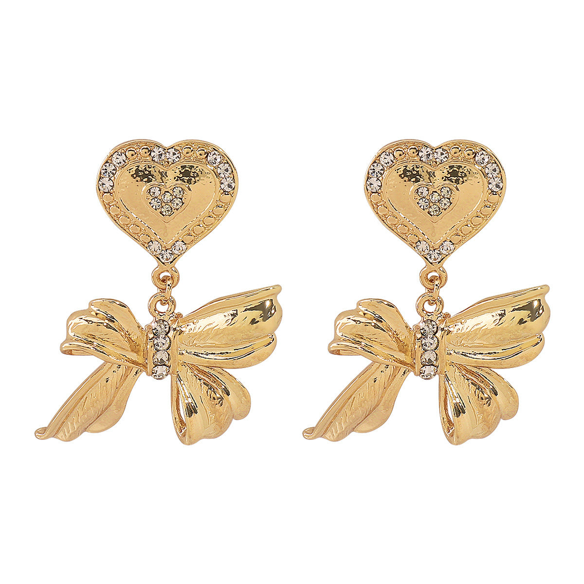 Pendientes de aleación con forma de corazón y lazo de estilo vintage con acabado chapado para mujer