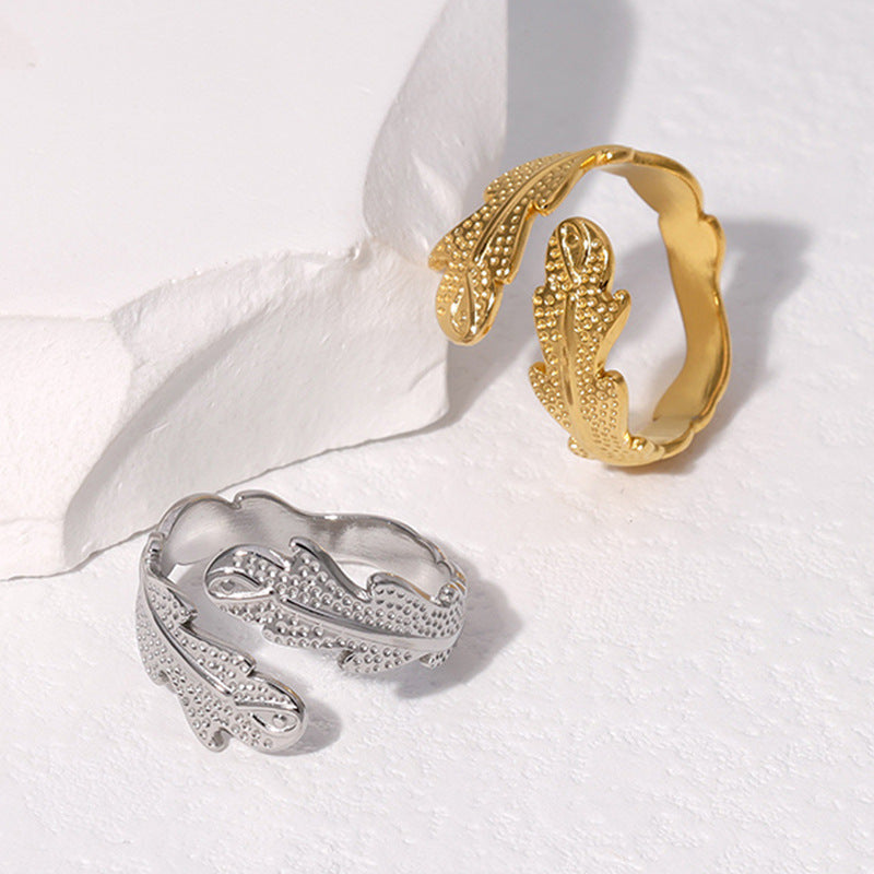 Anello aperto da donna placcato in acciaio inossidabile geometrico minimalista con motivo a foglia