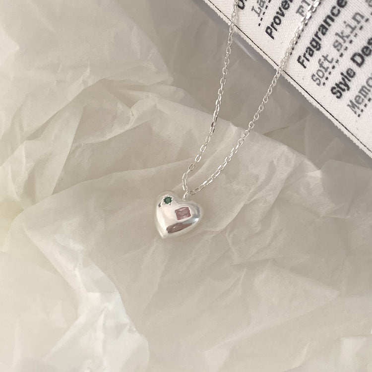Minimalist Heart-Shaped 925 Sterling Silver Rhinestone Necklace with Rainbow Accents on Snake Chain