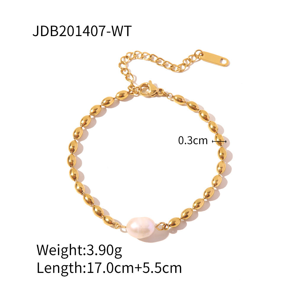Minimalist Geometric Freshwater Pearl Pendant Titanium Steel Necklace and Bracelet Set for Women