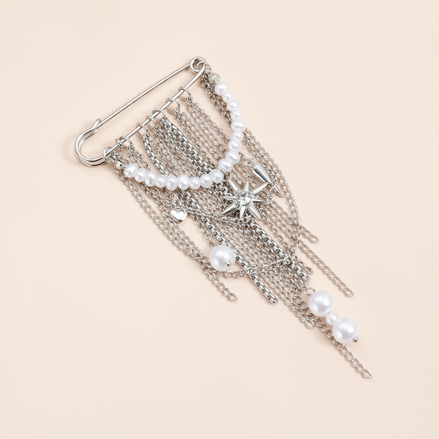 Elegant Geometric Star Alloy Brooch with Pearl Inlay and Tassel Details