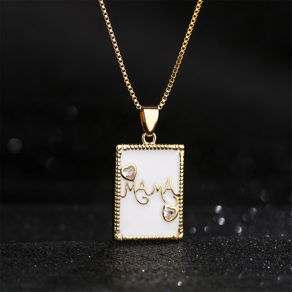 Minimalist Geometric MAMA Pendant Necklace for Women with Copper Base Plated in 18K Gold and Enamel Finish, Rhinestone Inlay