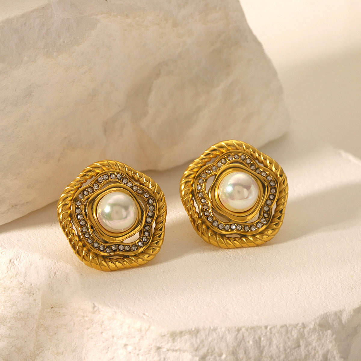Vintage French Style 18K Gold Plated Stainless Steel Floral Geometric Pearl Rhinestone Earrings for Women