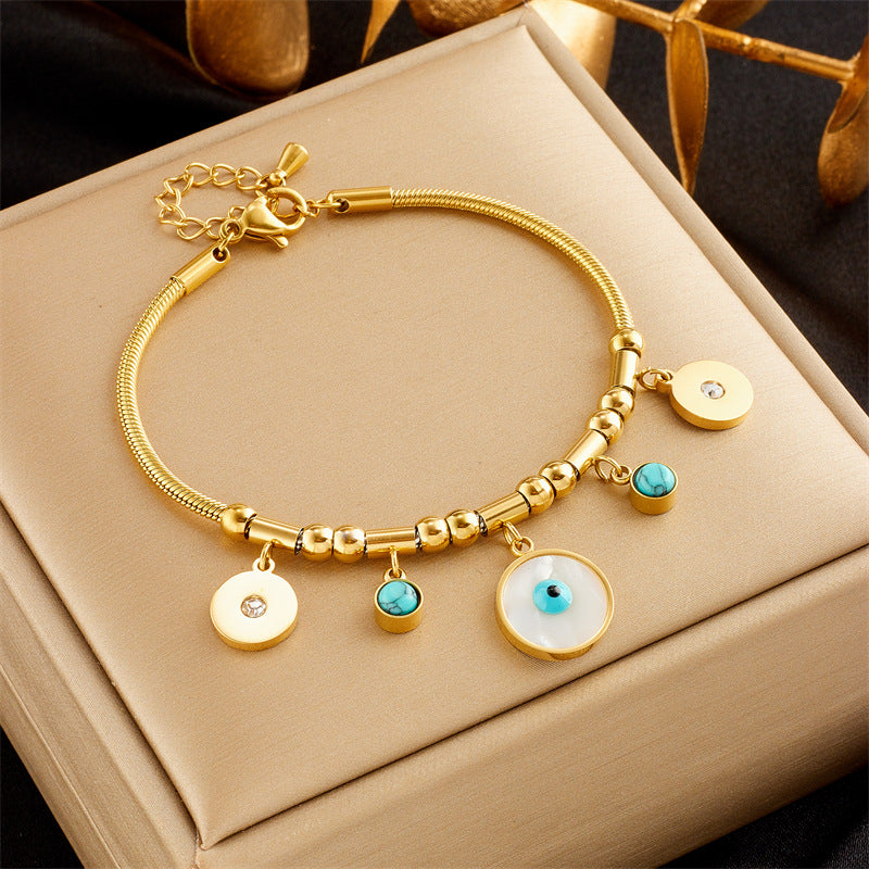 Vintage Style Round Blue-Eye Turquoise Pendant on Titanium Steel Plated Bracelet for Women