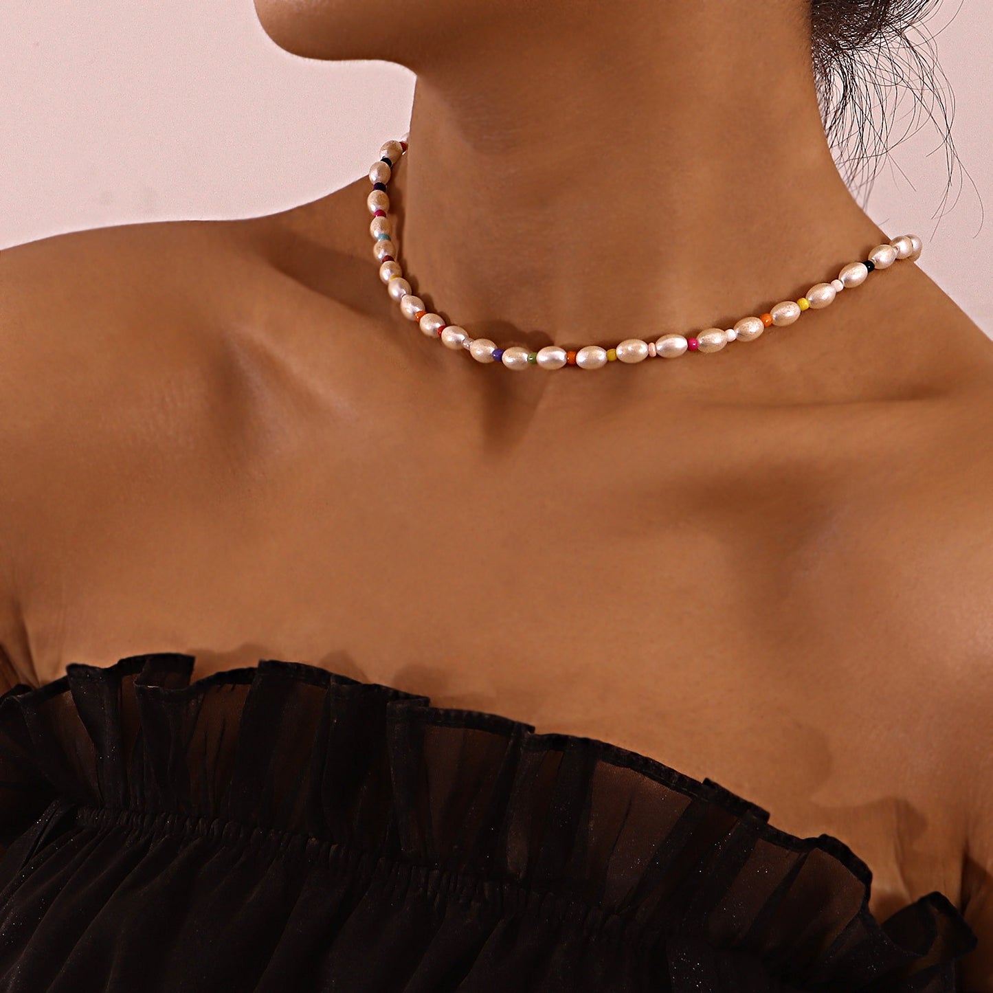 Geometric Oval Pearl Necklace for Women with Spring Clasp and Colorful Seed Beads