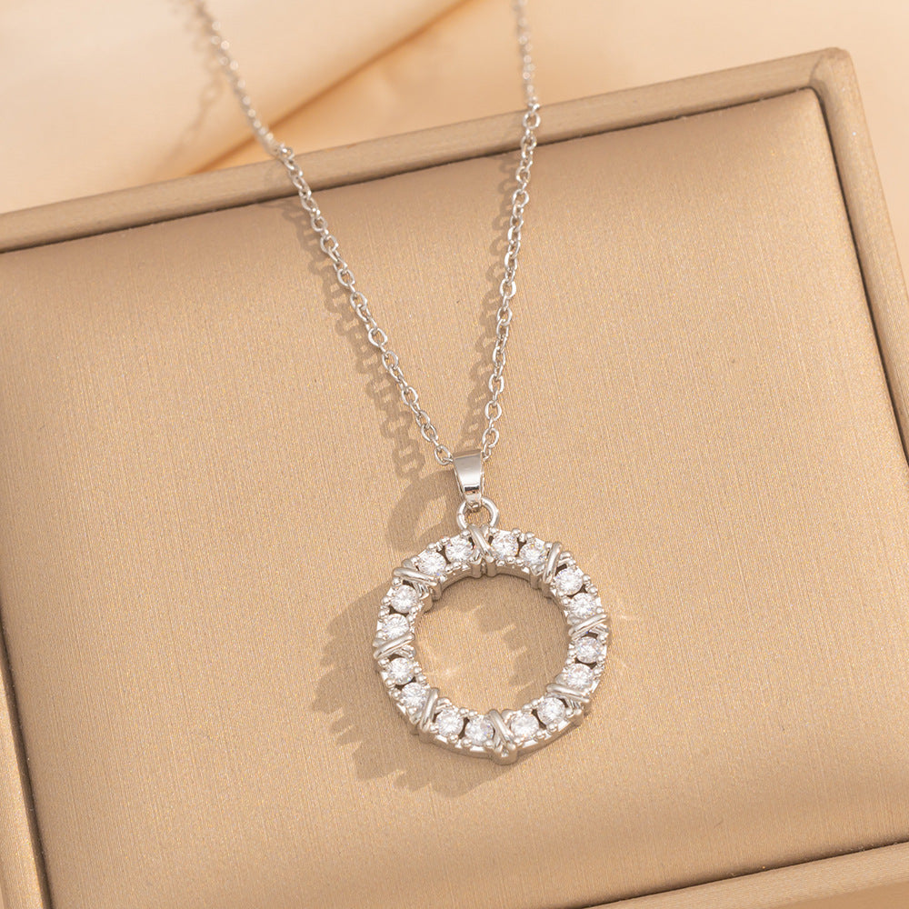 Luxury Minimalist Round Geometric Necklace Ring Set in Titanium Steel with Gold Plating and Rhinestone Inlay for Women