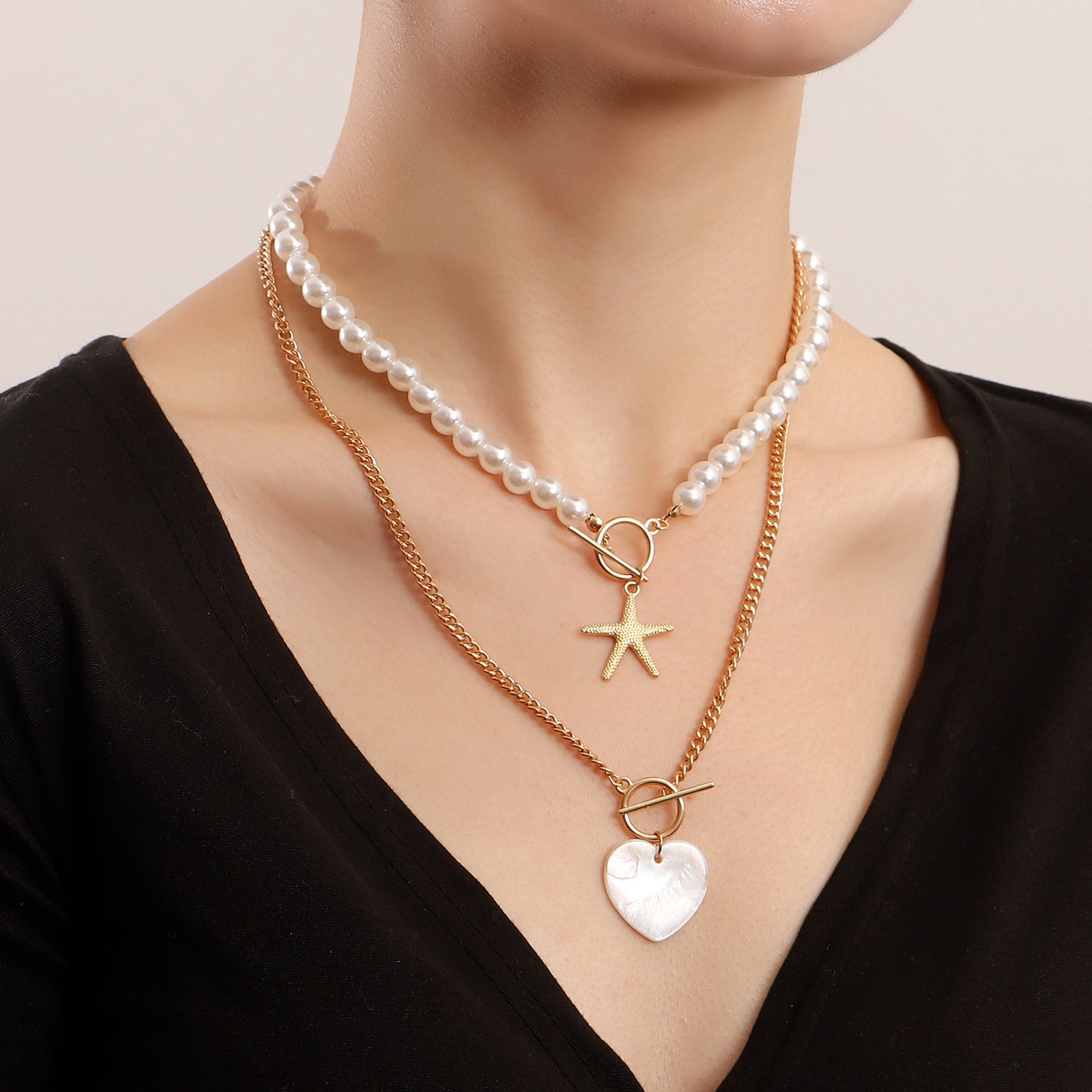Y2K Style Double-Layer Starfish and Heart Abalone Pendant Necklace for Women with Alloy Construction and Electroplated Finish