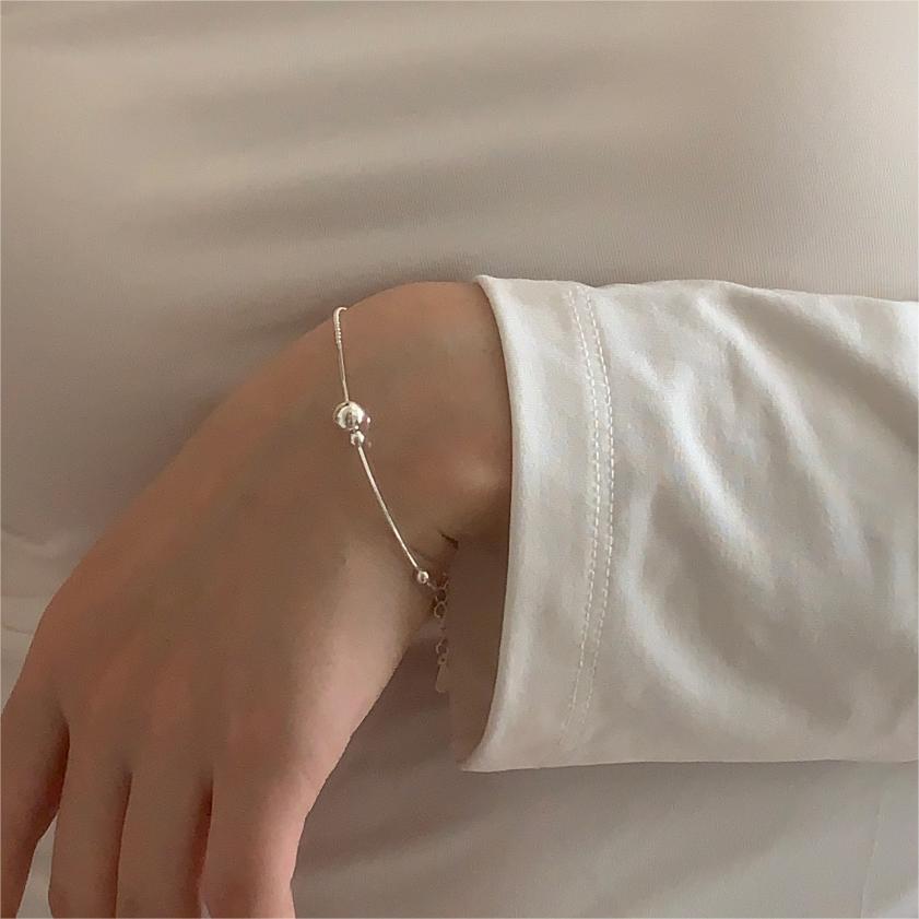 Minimalist Geometric S925 Sterling Silver Snake Chain Bracelet with Beaded Cubic Links