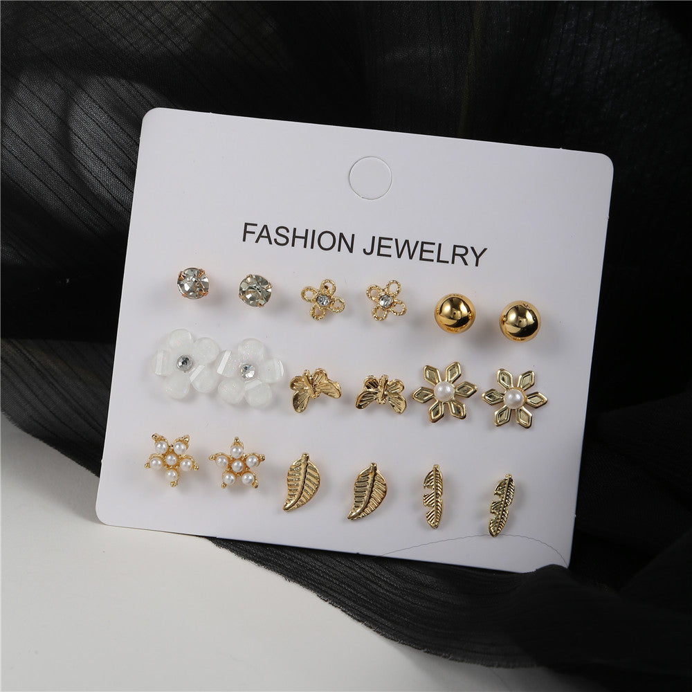 Gold Plated Stainless Steel Geometric Flower Leaf Star Butterfly Rhinestone Inlay Earrings Set with Floral Pattern
