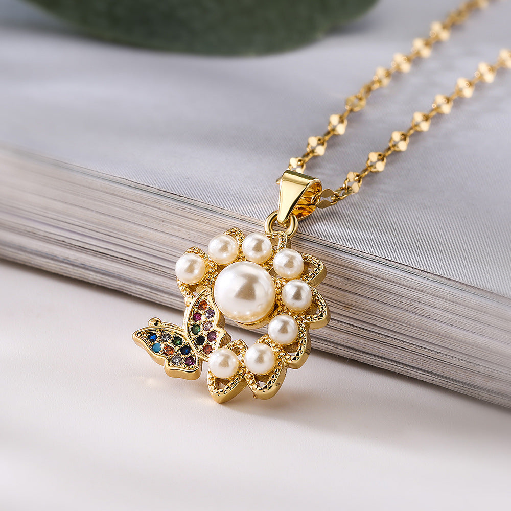 Collana con Pendente Geometrico Minimalista da Donna con Zirconi e Dettagli in Perle su Catena in Rame