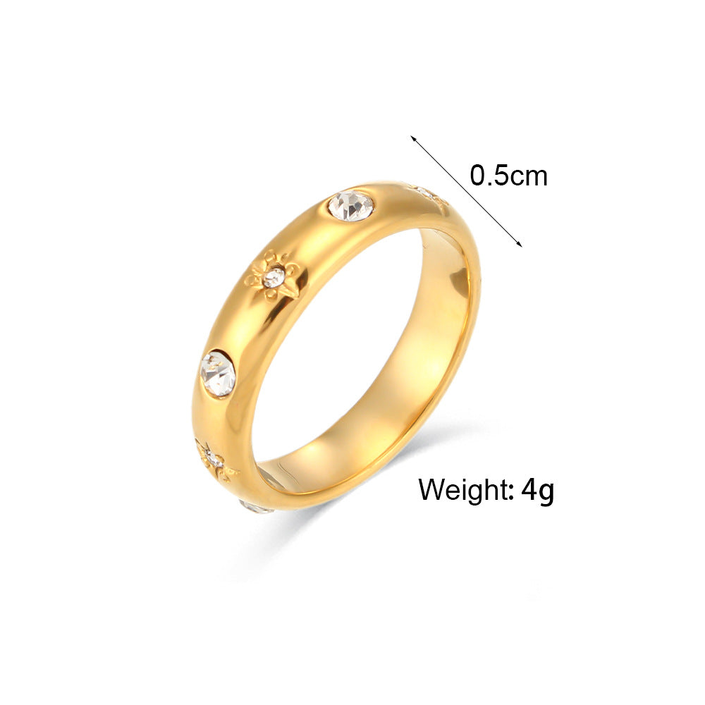 Minimalist Geometric Stainless Steel Ring with 18K Gold Plating and Clear Zirconia Floral Accent for Women