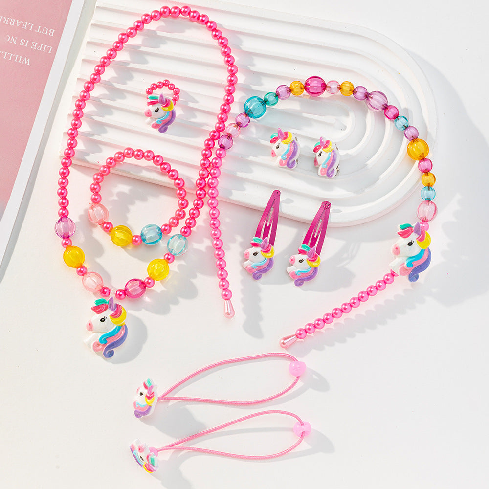 Set di collane con ciondolo unicorno a fumetti per bambini, gioielli a forma di animale in resina plastica con catena di perline rotonde, accessorio da spiaggia estivo