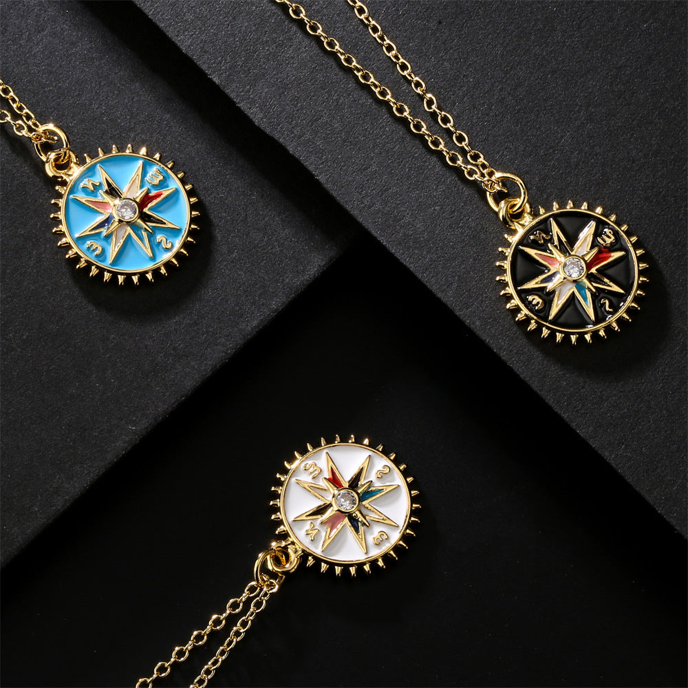 Casual Geometric Drip Oil Gold Plated Brass Compass Pendant Necklace with Cubic Zirconia