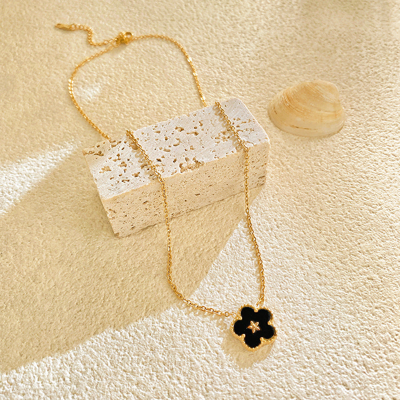 Minimalist Luxury Black Five-Petal Flower Titanium Steel Necklace