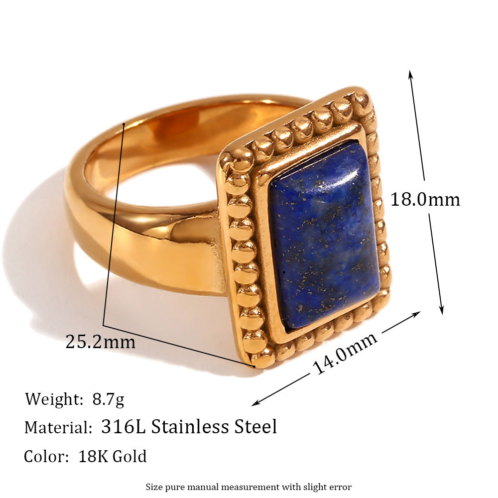 Vintage Geometric Stainless Steel Plated 18K Gold Lapis Lazuli Ring for Women