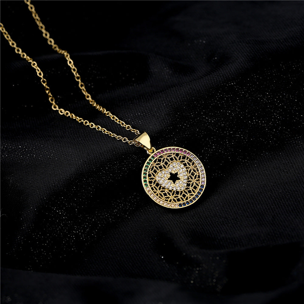 Micro-Inlaid Cubic Zirconia Bear Heart Round Geometric Brass Pendant Necklace with Cable Chain