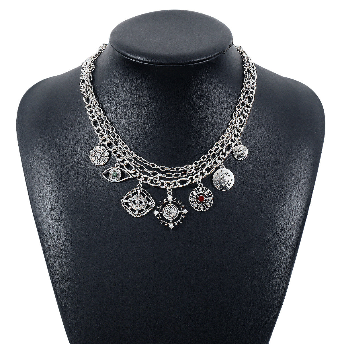 Collar con colgante de ojo de demonio hueco geométrico atrevido para mujer con base de aleación e incrustaciones de diamantes de imitación, acabado galvanizado, cadena de clavícula