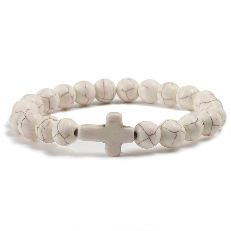 Natural Turquoise Cross Beaded Bracelet 8mm Round Stone Unisex Handmade Jewelry