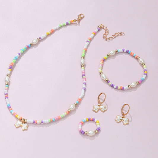 Bohemian Style Bow-Shaped Alloy Necklace Set with Enamel Finish for Kids Includes Necklace Bracelet Ring and Earrings