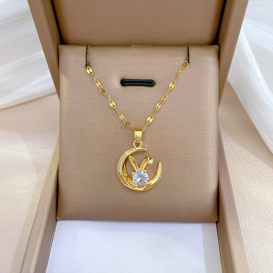 Minimalist Rabbit Pendant Necklace in Stainless Steel with Geometric Circular Design for Women and Men