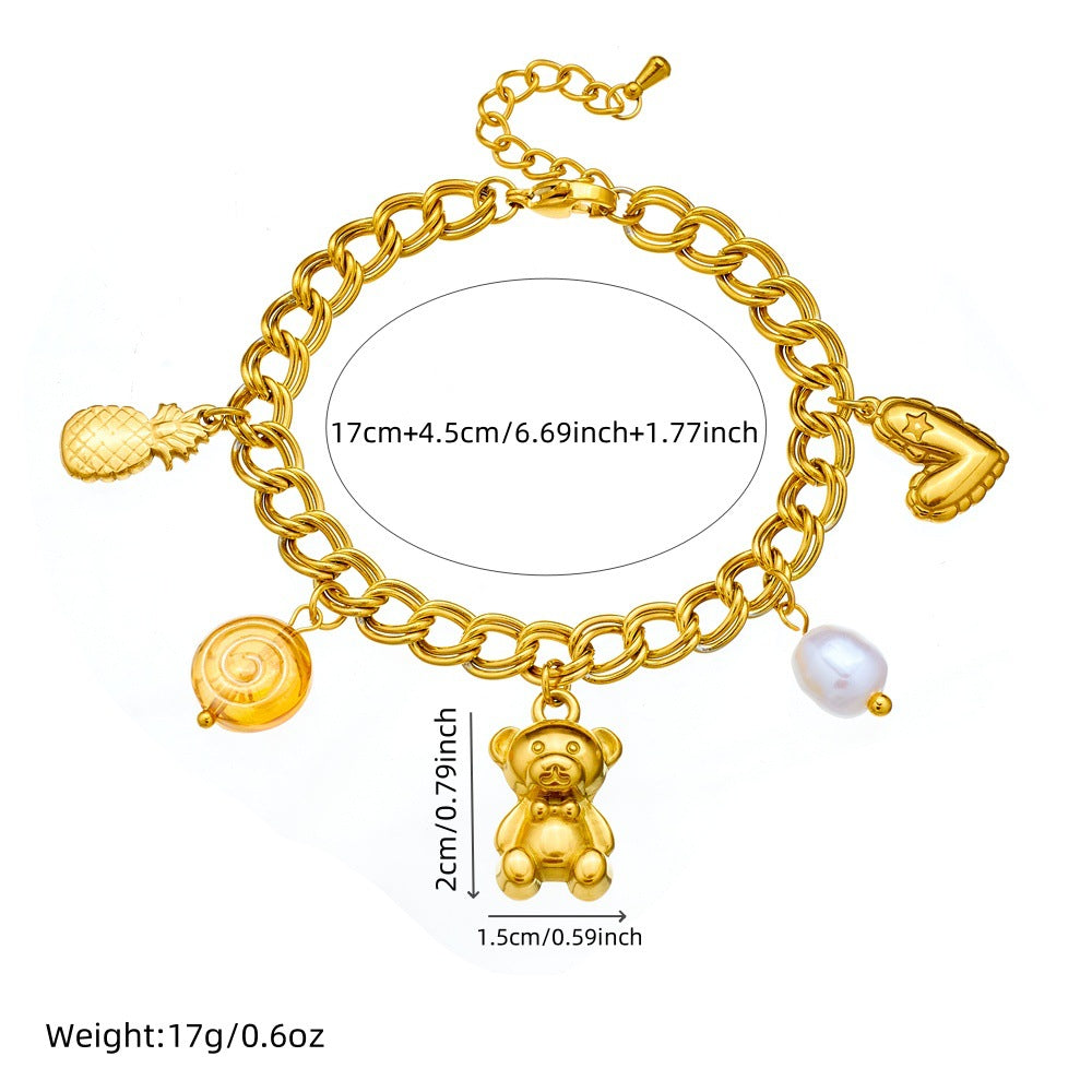 Elegante pulsera de acero inoxidable chapada en oro con doble círculo, colgante de corazón, piña u oso y detalles de perlas