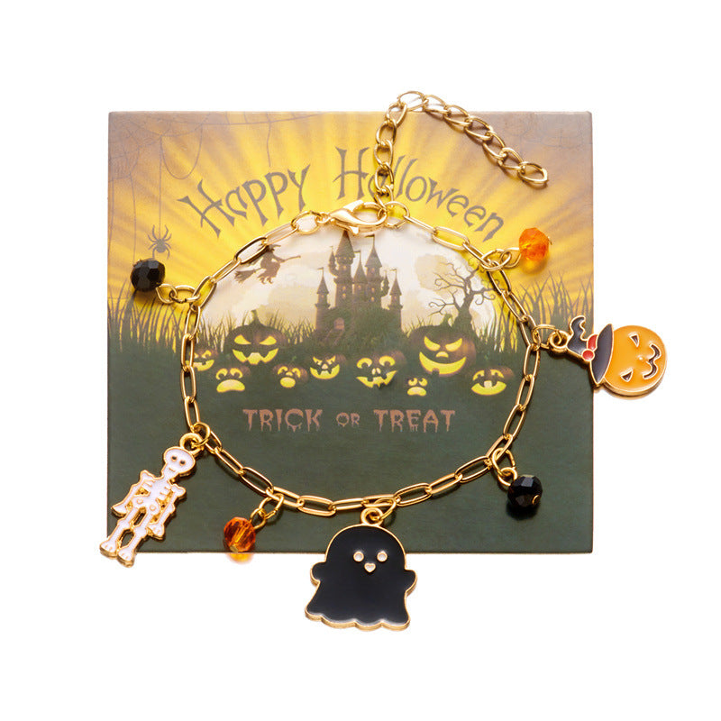 Bracciale in lega con teschio di zucca a cartone animato gotico scuro da donna con finitura placcata