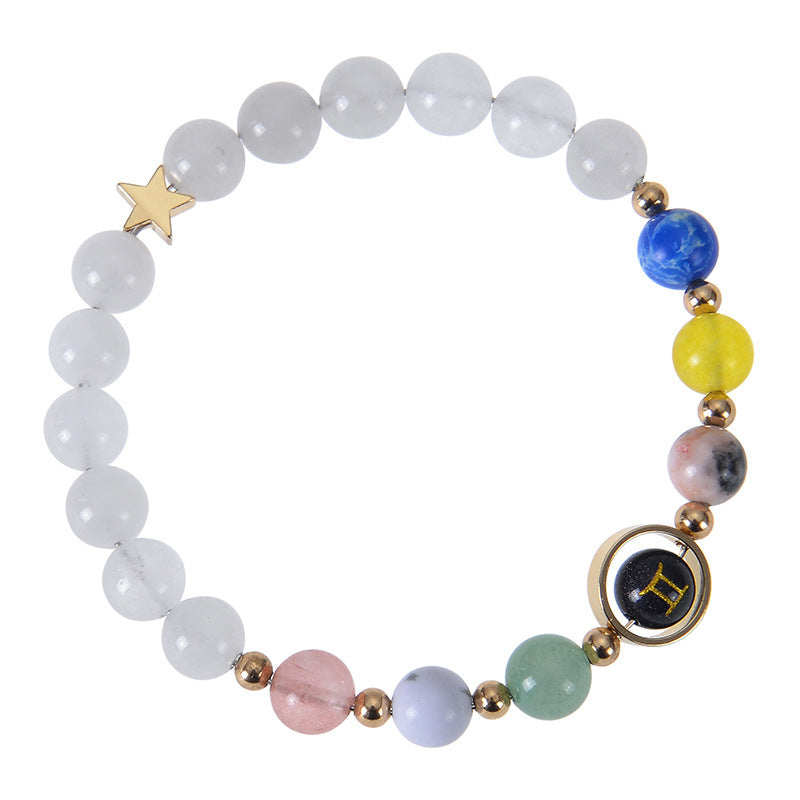 Unisex Blue Sandstone Beaded Bracelet with Zodiac Constellation Engraving
