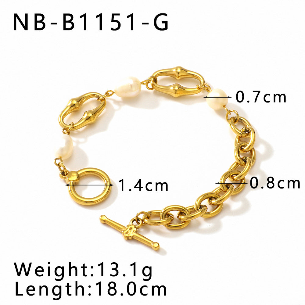 Ins Style Asymmetrical Geometric Pendant Necklace and Bracelet Set in Stainless Steel with Natural Pearl Accents and 18K Vacuum Plated Finish