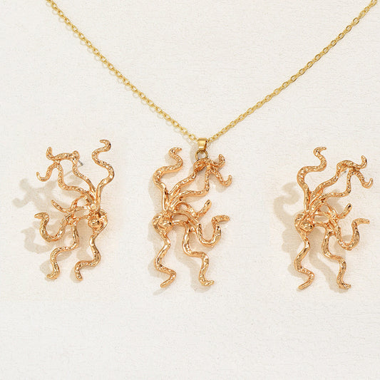 Fashionable Office Lady Style Irregular Coral and Seaweed Design Copper Plated Necklace and Earrings Set for Women