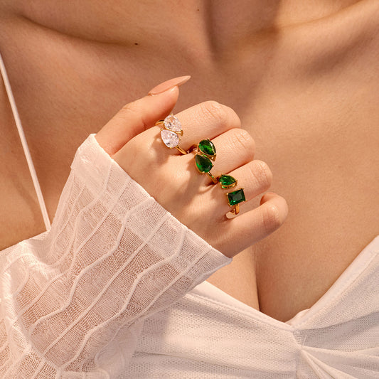Minimalist Geometric Water-Drop-Shaped Stainless Steel Ring for Women with Electroplated Finish and Micro-Paved Colorful Zirconia