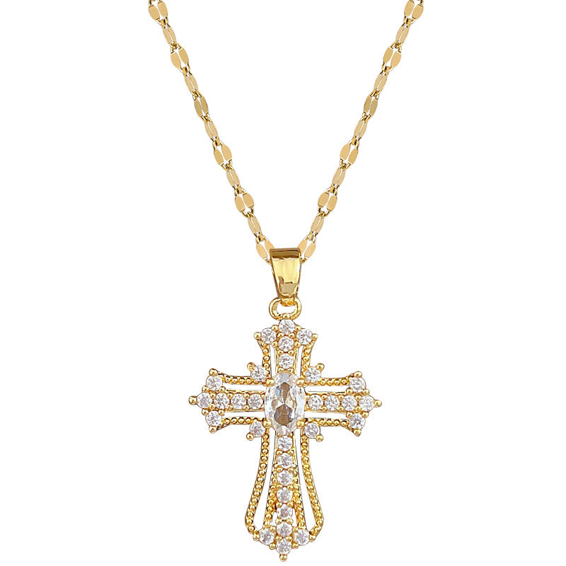 Collana Girocollo di Lusso con Pendente a Croce Geometrica in Acciaio al Titanio e Strass