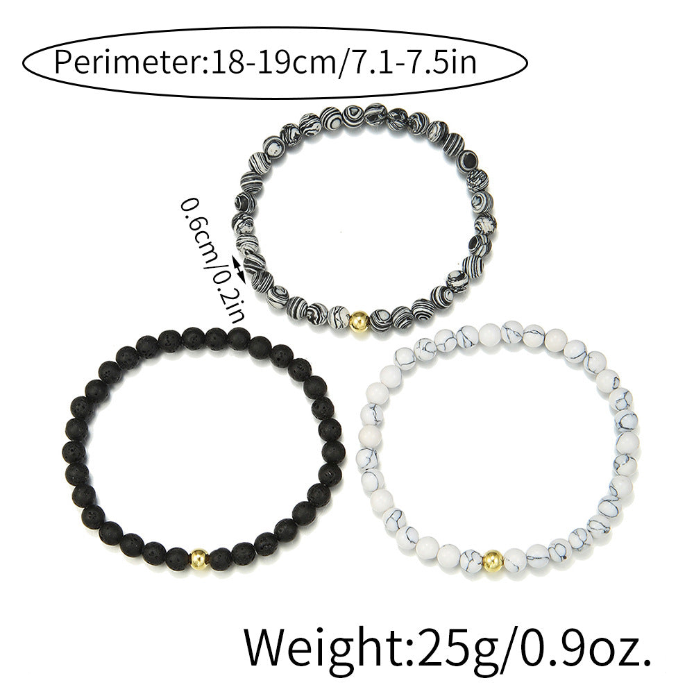 Vintage Minimalist 6mm Round Gemstone Beaded Bracelet Set Plated Geometric Design
