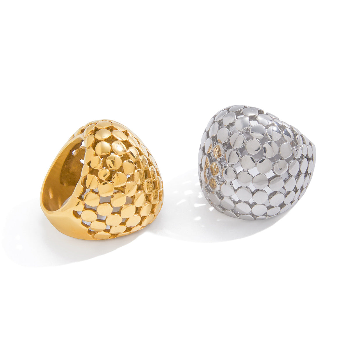 Geometric Hollow Stainless Steel Ring with PVD Gold Plating for Women