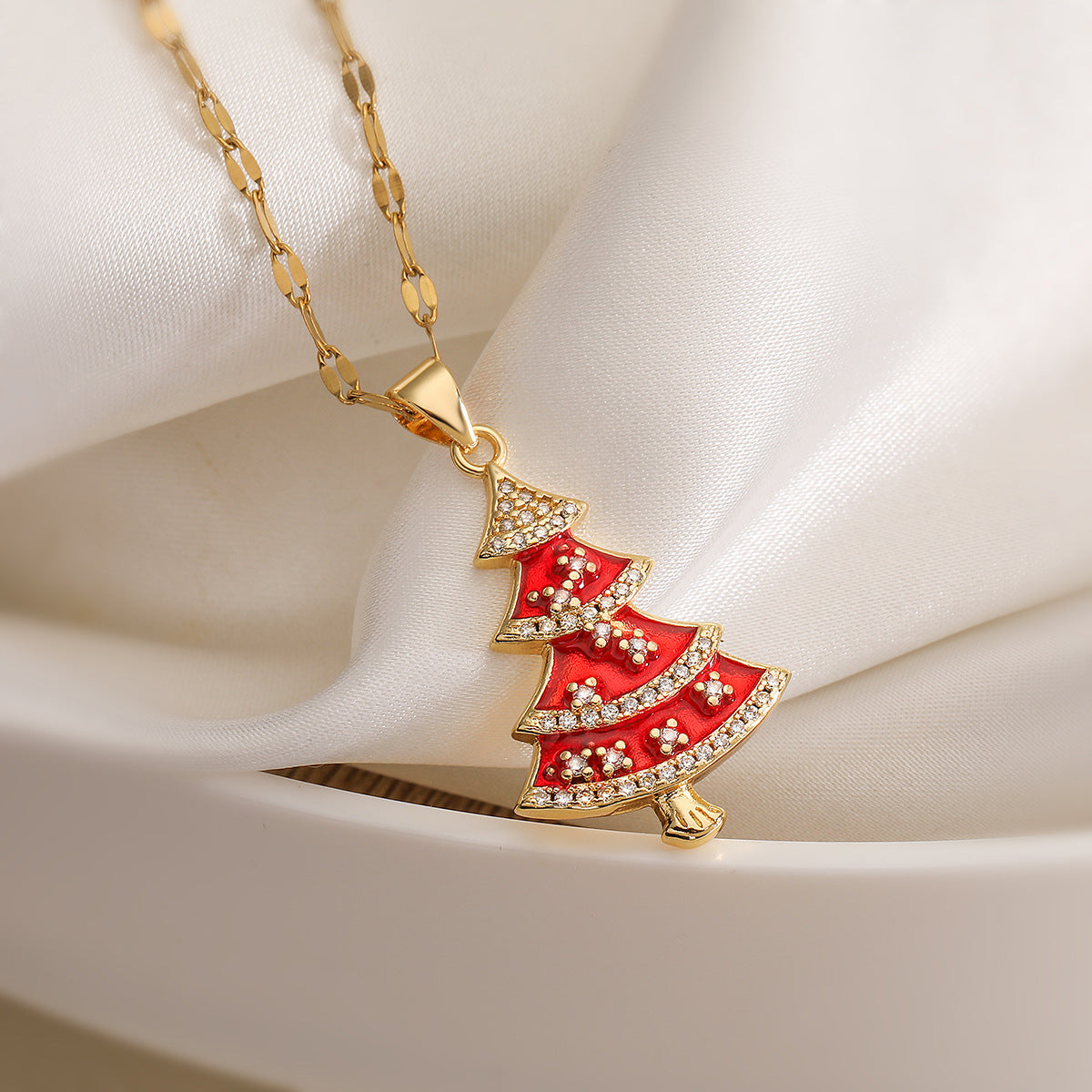 Minimalist Christmas Tree Pendant Necklace for Women with Copper Base Plated in 18K Gold and Enamel Finish