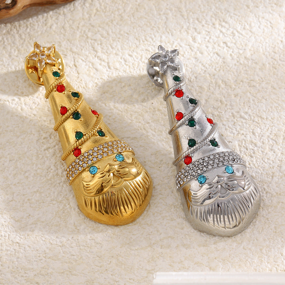Luxury Minimalist Geometric Christmas Hat Brooch Stainless Steel 18K Gold Plated Colorful Rhinestone Fashion Pin for Women