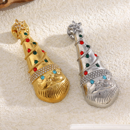 Luxury Minimalist Geometric Christmas Hat Brooch Stainless Steel 18K Gold Plated Colorful Rhinestone Fashion Pin for Women