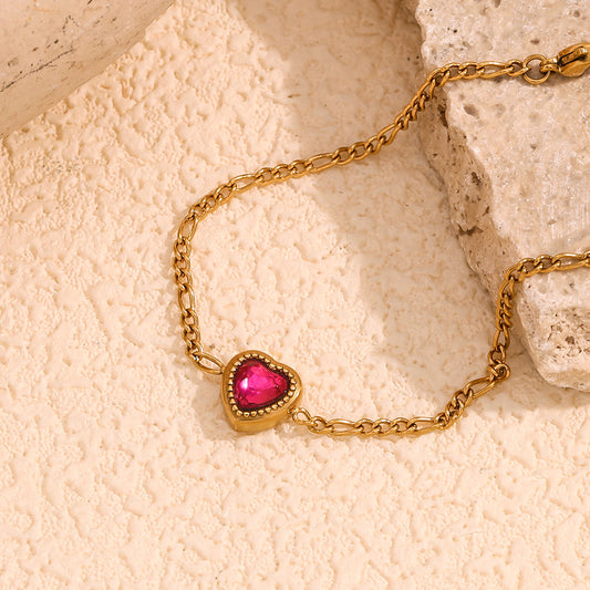 Elegante bracciale minimalista a forma di cuore, in acciaio inossidabile placcato oro 18 carati a catena Figaro, da donna