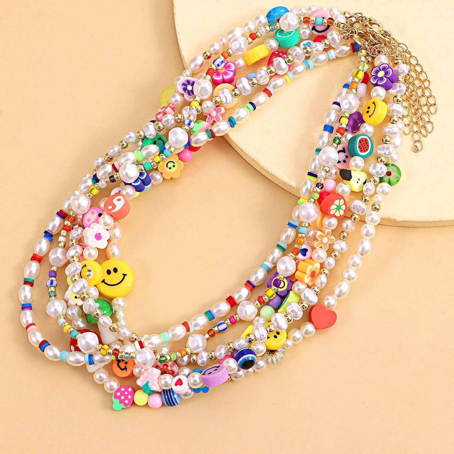 Fashion Pearl Necklace with Cartoon Fruit Shape Pendant, Soft Clay Smiley Design, Adjustable Cord Chain for Women